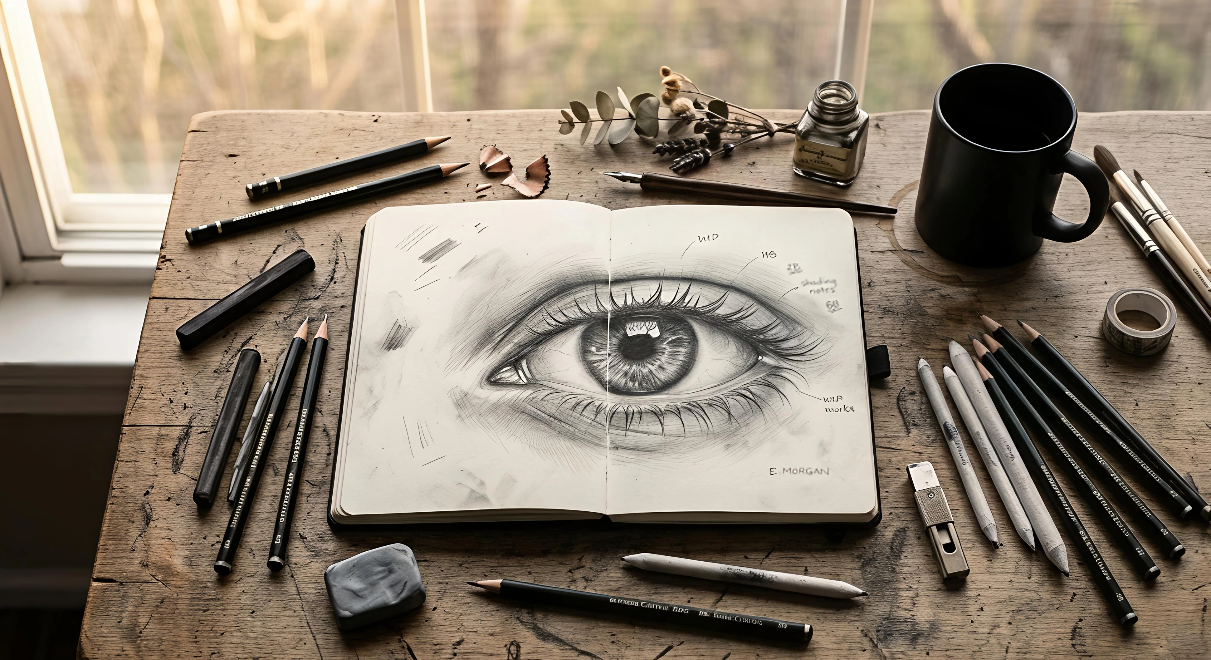 Aesthetic flatlay of an artist workspace showing a detailed graphite eye sketch in a notebook surrounded by pencils and charcoal